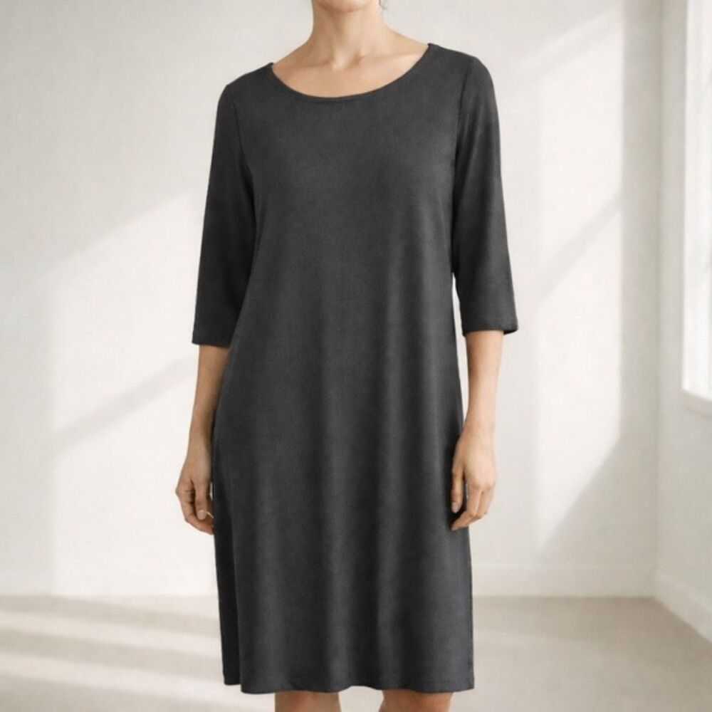 Eileen Fisher Jersey Stretch Knit Elbow Sleeve Swing Dress in Gravel Size Medium